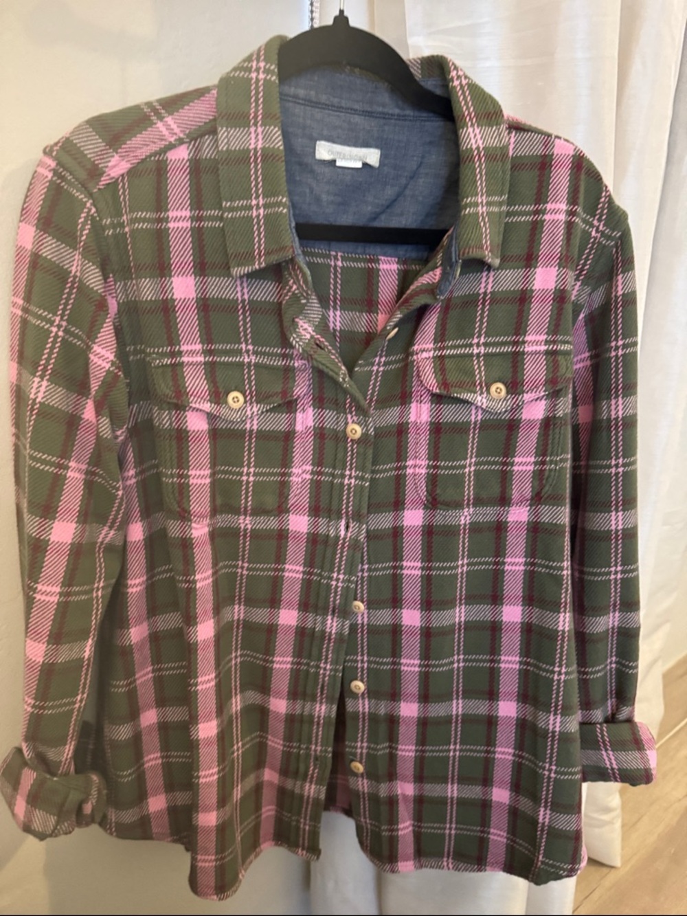 Outerknown Olive Green and Pink Plaid Shirt Jacket